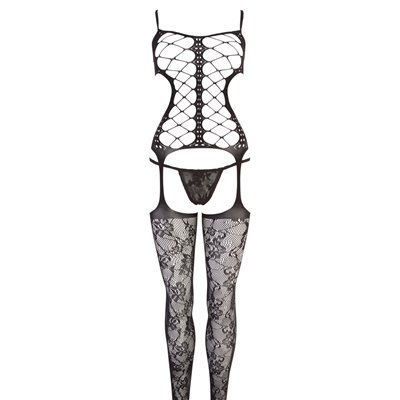 BODYSTOCKING NERO CON DECORAZIONI FLOREALI - TAGLIA UNICA