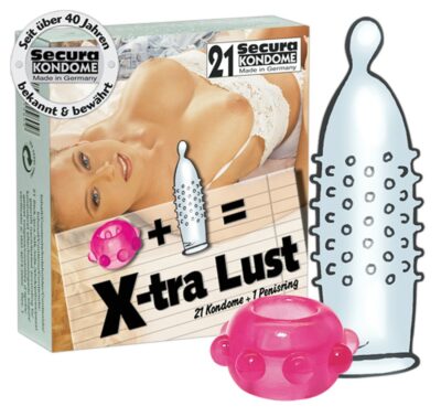 PROFILATTICI CON RILIEVI STIMOLANTI E ANELLO FALLICO SECURA X-TRA LUST" - 21 PEZZI"